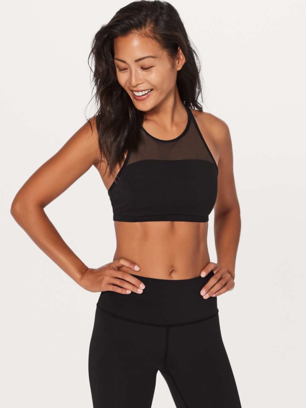 Lululemon Get Set High Neck Strappy Black Sports Bra with Mesh Size 6